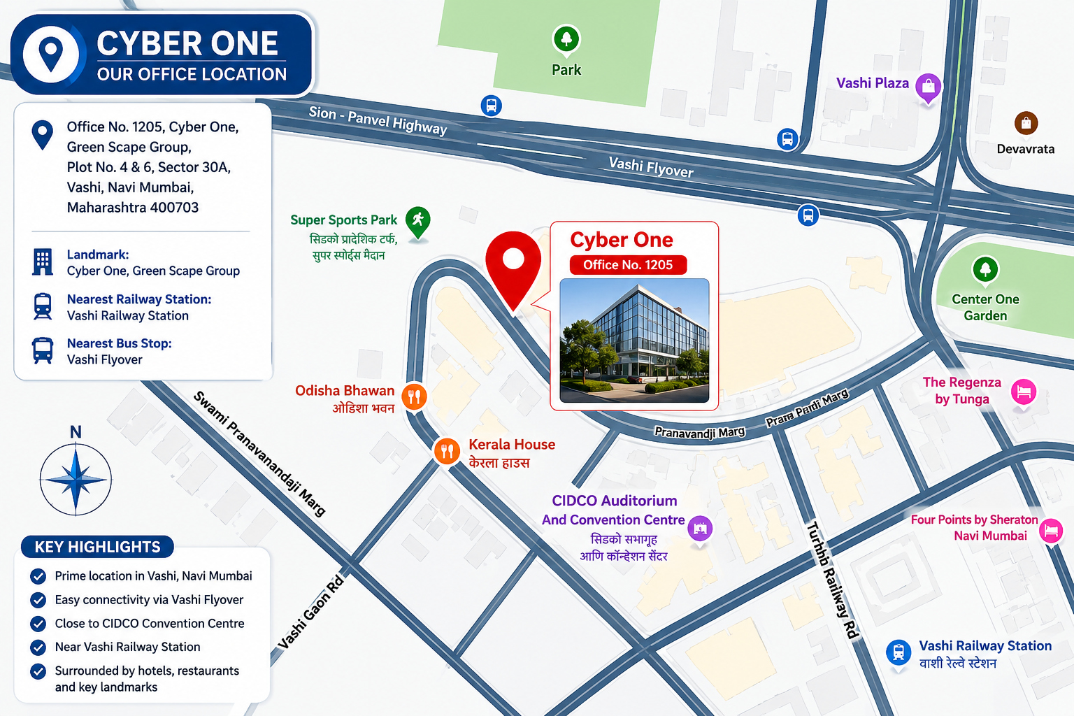 Map showing Cyber One, Vashi, Navi Mumbai